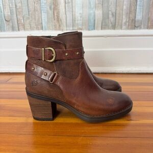 Born 8 Brown Leather Heeled Derica Studded Buckle Ankle Boot Bootie Garnet Hill